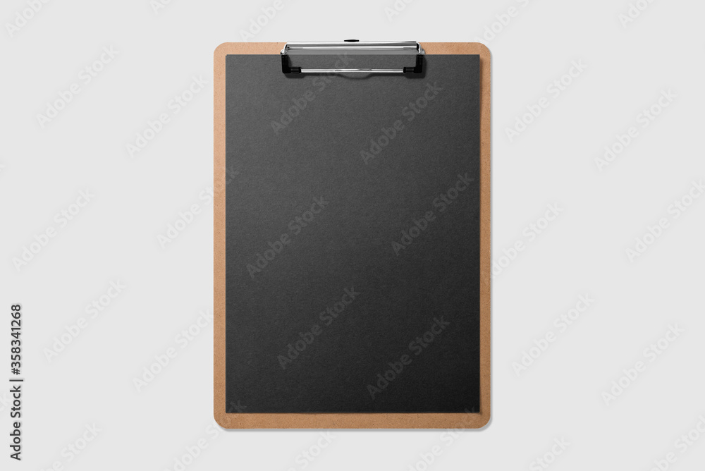 Fototapeta premium Real photo, wooden clipboard with black A4 paper mockup template, isolated on light grey background. High resolution.