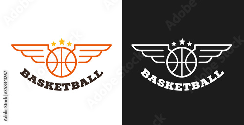 Basketball logo, badge or label concept. Creative design template composition for branding sport club, championship, competition. Modern vector illustration.