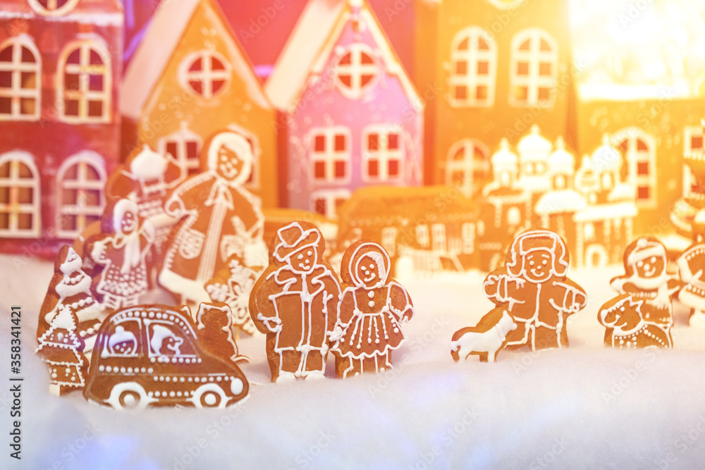 Gingerbread houses, winter composition , products made of gingerbread