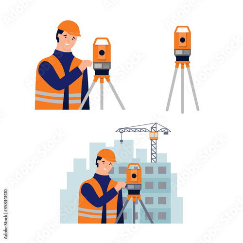 Surveyor, cadastral engineer, cartographer and theodolite. Set of vector illustration in flat style on white background