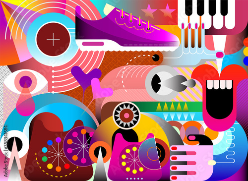 Abstract art vector design with random objects and geometric shapes. Colored graphic illustration.
