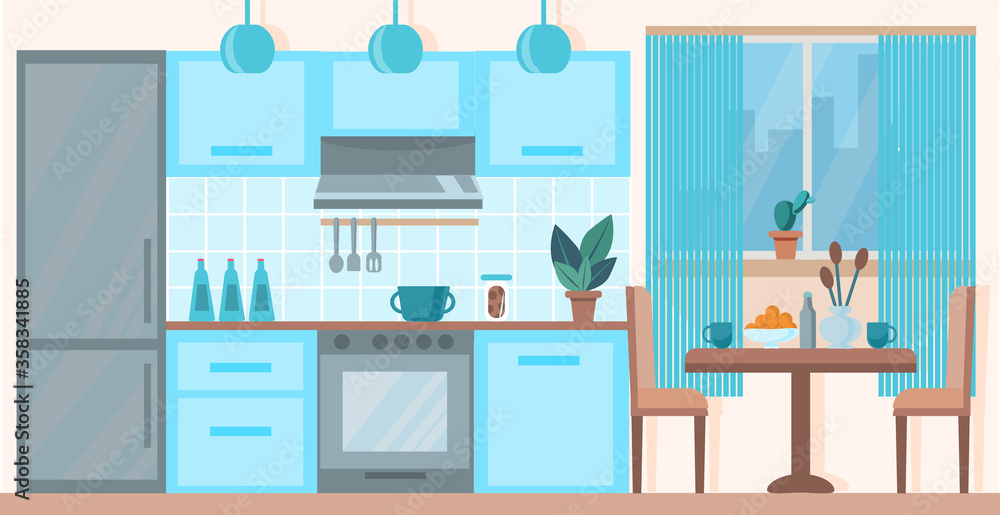 Modern cozy kitchen interior with dining area. Kitchen interior with stove, cupboard, table with chairs, dishes and fridge. Vector graphic design template. Flat style. Interior in blue tones.