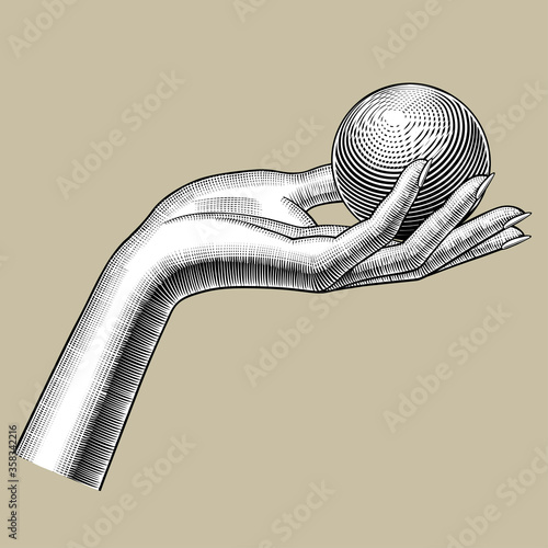 Engraved vintage drawing of a female hand holding a ball in the palm