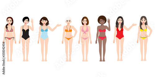 Cartoon character with female in swimming suit collection set for summer vector