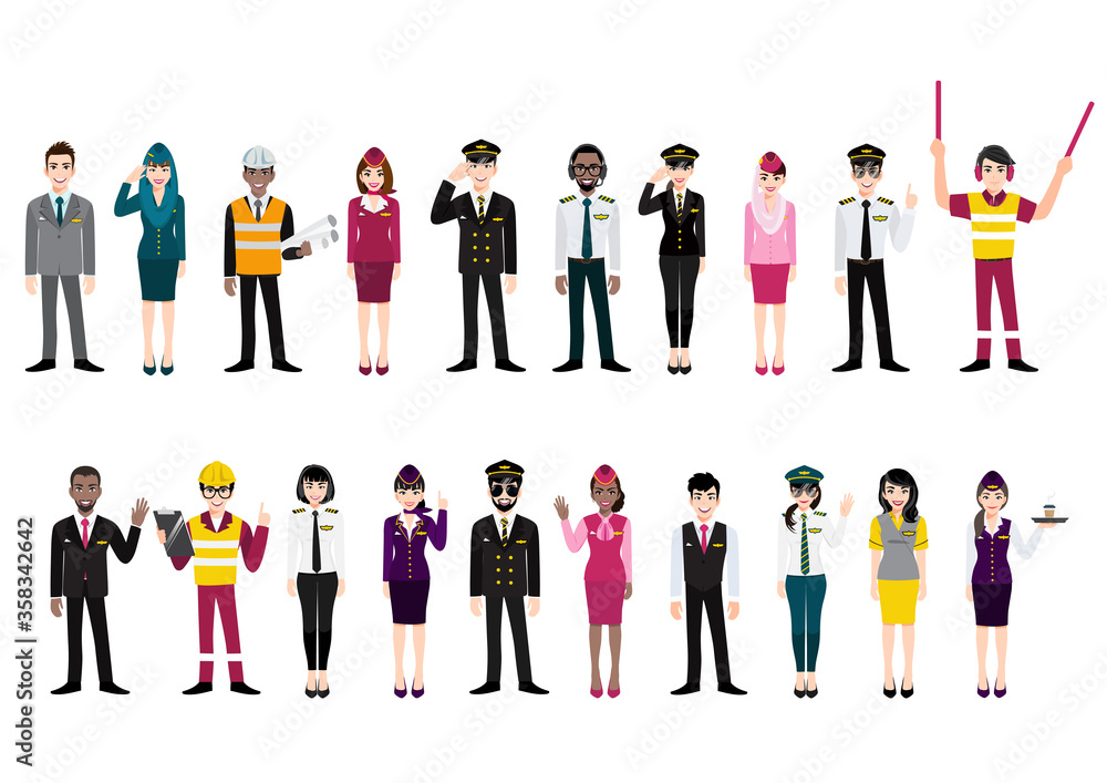 Cartoon character with airport crew action half body banner, professional airline team in uniform, flat icon design vector illustration