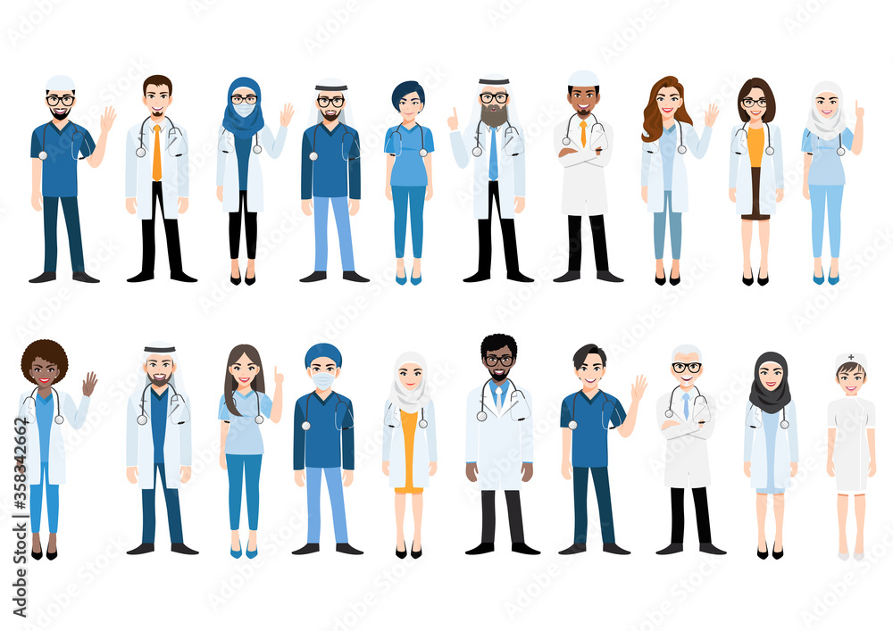 Cartoon character with medical team and staff , flat icon design vector illustration