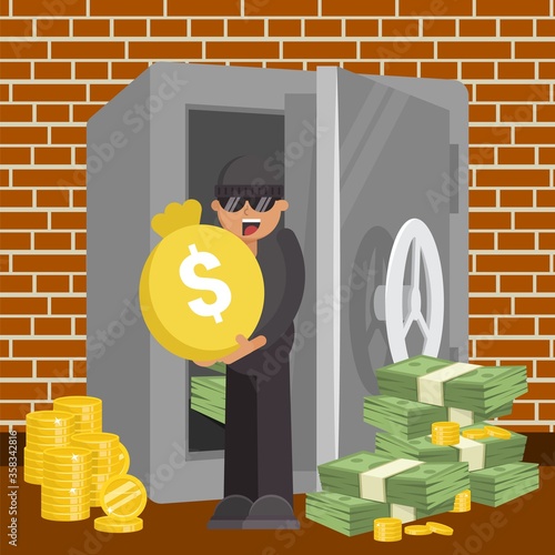 Thief with money from safe, vector illustration. Criminal robbery, man robber burglar character theft cartoon coin and cash. Crime steal in bank design concept, person with flat dollar bag.