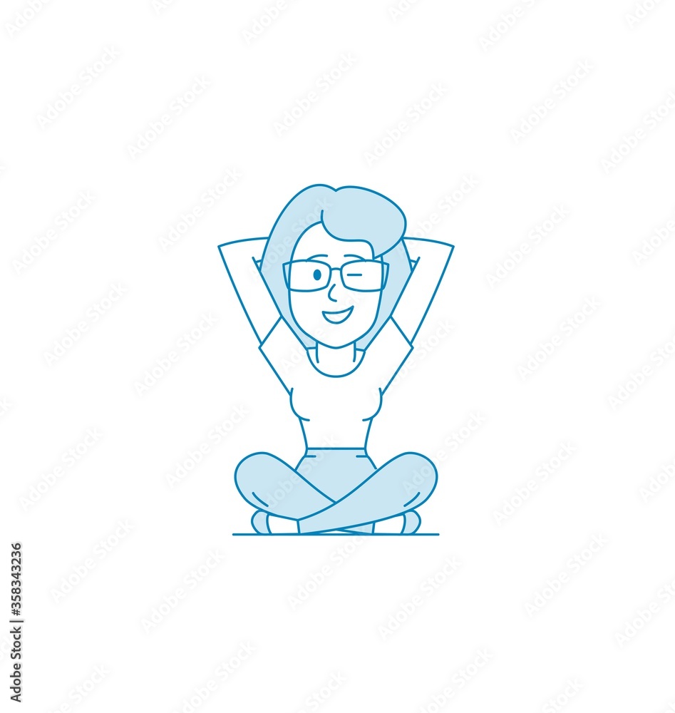 Woman is meditating sitting on the floor with legs crossed. Character - a Woman with a glasses. Calmness and relaxation, relaxation. Stress relief. Illustration in line art style. Vector