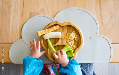 Plate of food for baby nutrition BLW (baby-led weaning) with baby hands grabbing for food (directly above)