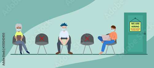 Hiring job concept wearing face mask after pandemia. Job interview human resource. Stock vector illustration in flat.
