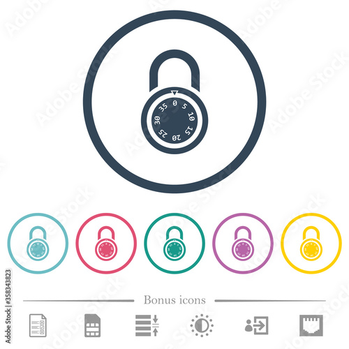 Locked round combination lock flat color icons in round outlines