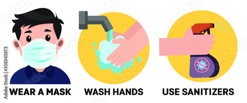 wear a mask wash hands and use sanitizers for prevent corona virus vector isolated on white background