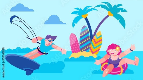 Sea vacation with fun kite in ocean  vector illustration. Summer sport active in water  beach surf activity on cartoon board. Holiday leisure outdoor action  man woman character in water.