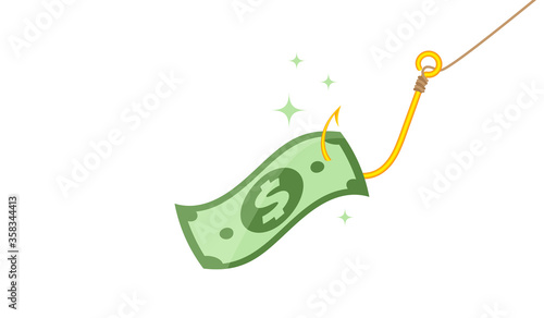 money bait flying in the hook, dollar banknotes and golden hooks isolated on white, banknote money with fish hook gold, money in fishhook for trap temptation concept, corruption fraud concept