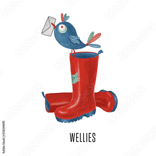 Vector hand drawn illustration with wellies and bird