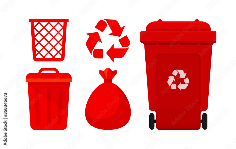 Red Bin Collection, Recycle Bin and Red Plastic Bags Waste isolated on
