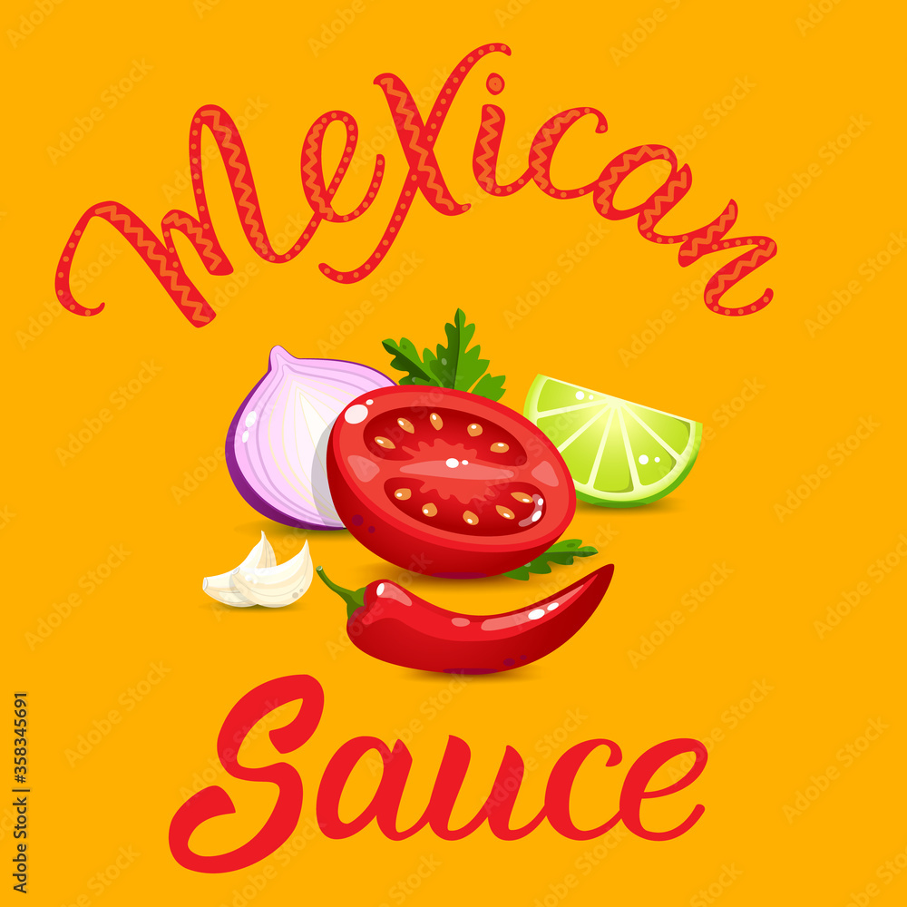Quality ingredients for salsa sauce cartoon style and original
