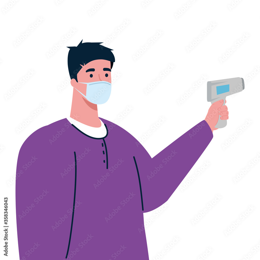 covid 19 coronavirus, man holding infrared thermometer to measure body temperature vector illustration design