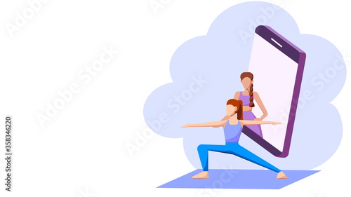 Yoga online course concept : A female yoga teacher training her student via mobile phone. Vector illustration, Flat design