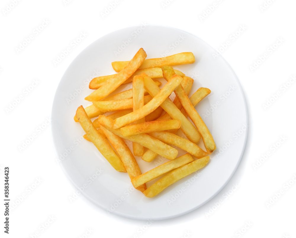 French fries in white plate isolated on white background French fries in white plate isolated on white background