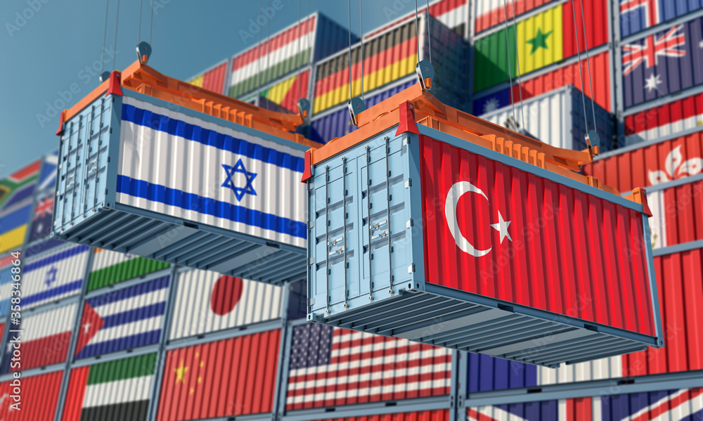 Freight containers with Turkey and Israel flag. 3D Rendering 