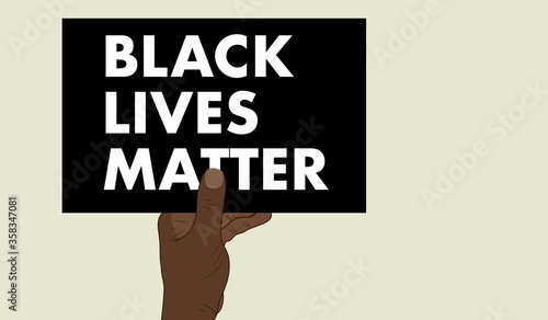black lives matter written in white on a black sign held by a black man on a pale background