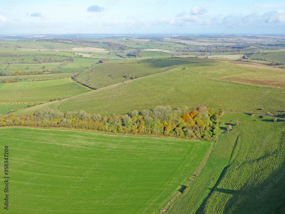 Aerial view of the hills at Monks Down in Wiltshire