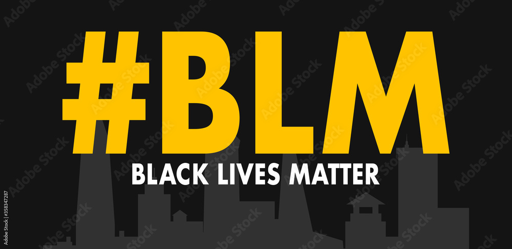 black lives matter hashtag over a city silhouette with black sky
