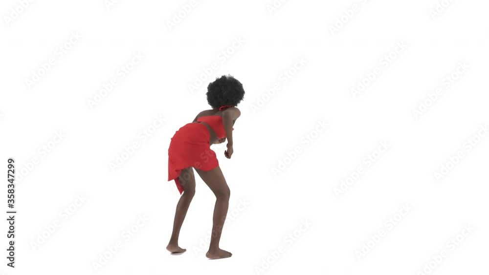 Full length shot of African dancer dressed in red cloth performing twerk, booty dance. Isolated, on white background Full length shot of African dancer dressed in red cloth performing twerk, booty dance. Isolated, on white background