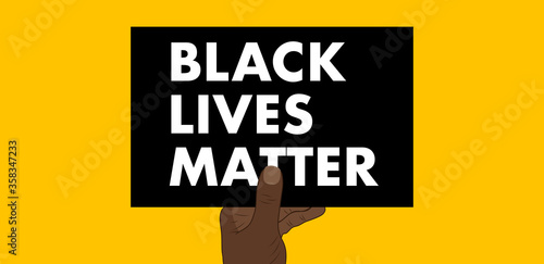 black hand holding a black lives matter sign on a yellow background