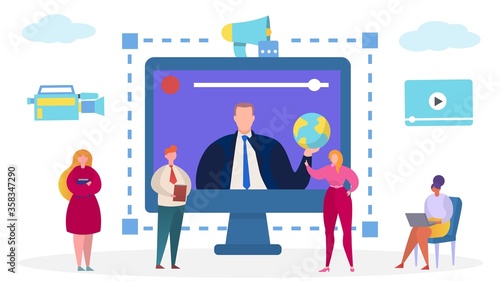 Business communication at computer, internet teleconference vector illustration. People character digital online team technology, woman man work meeting. Network at screen concept.
