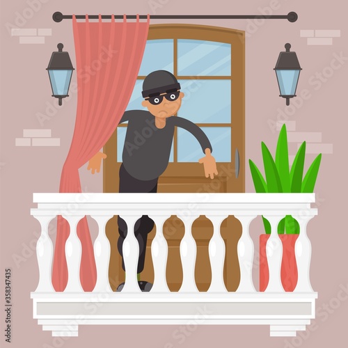 Theft technology, male person in black mask vector illustration.Thief gangster at balcony home exterior, urban lock breaking. Illegal dangerous robbery, flat burglar robber character.