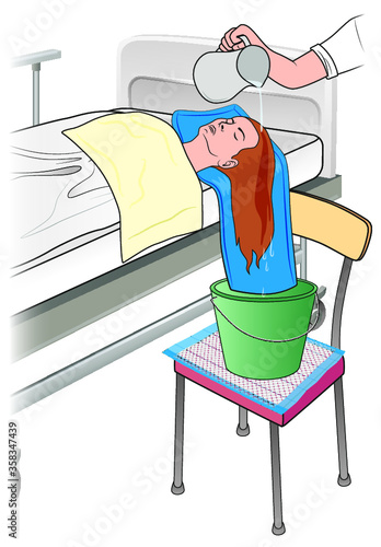 Lavado de cabeza a paciente en cama - enfermería