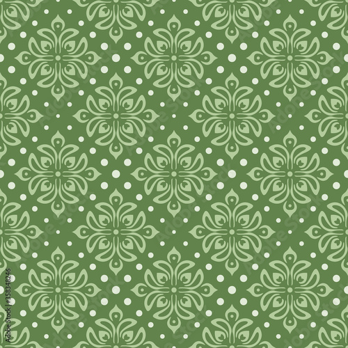 Retro vintage Chinese traditional pattern seamless background green curve cross botanic garden flower dot line