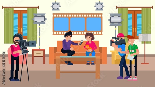 Tv show with camera concept, vector illustration. Journalist character with cartoon guest at studio, broadcast television. Live interview with people, communication talk and discussion in media.