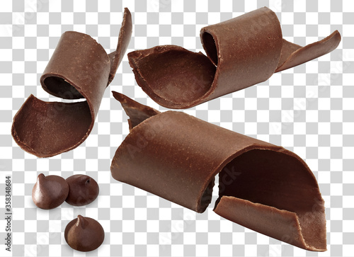 Chocolate curls and chocolate chips morsels on isolated background	