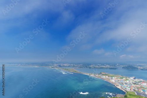 panoramic view of the Songsan Ilchulbong from the Peak on jeju island.