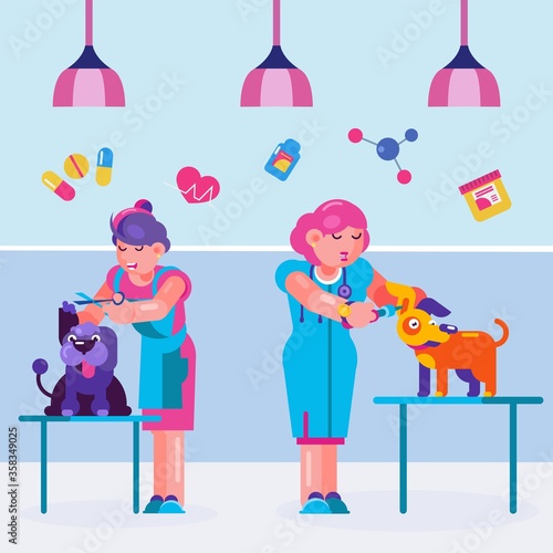 Animal dog at veterinarian, cartoon grooming vector illustration. Veterinary flat design service for pet, cartoon woman person. Clinic background, doctor haircuts young girl character.