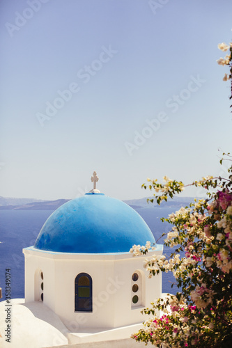 blue dome church in santorini greece