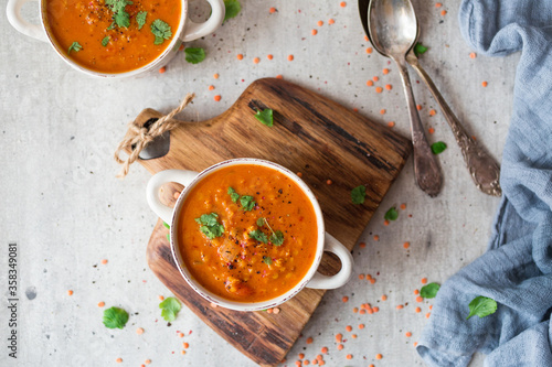 Homemade red lentil dahl soup photo