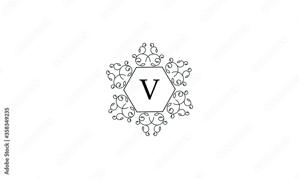 Elegant logo with ornament and letter V. Black logo on a white background concept for business, jewelry, fashion, cafe, hotel and others.