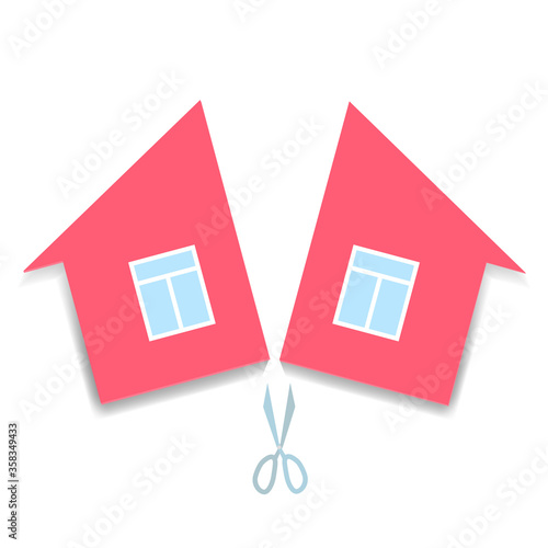 concept of divorce and division of property. pink paper house cut in half. vector illustration