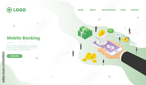 Mobile banking campaign for web website home homepage landing page template banner isometric 3d design modern flat style