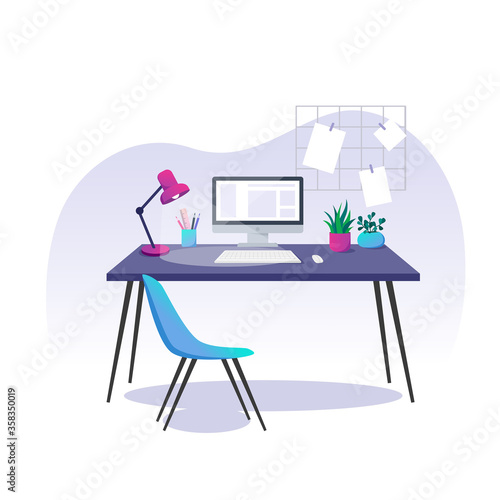 Well organized workplace. Vector illustration, home office. Work at home. Computer, stationery items and houseplants on a desk. Workplace for women