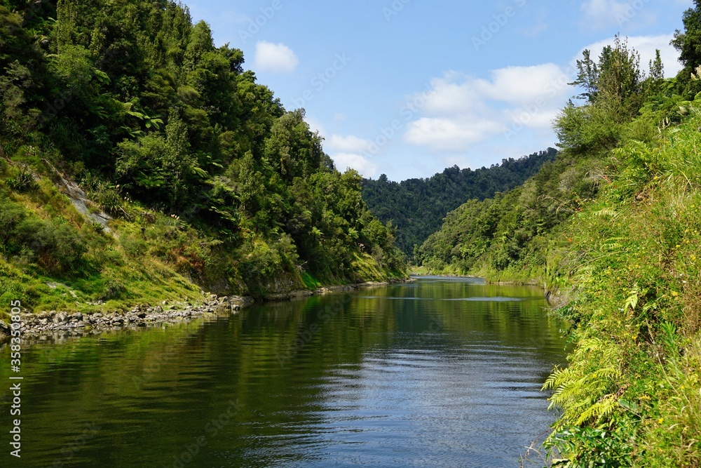 Whanganui river and its shore sunny blue sky with some clouds.