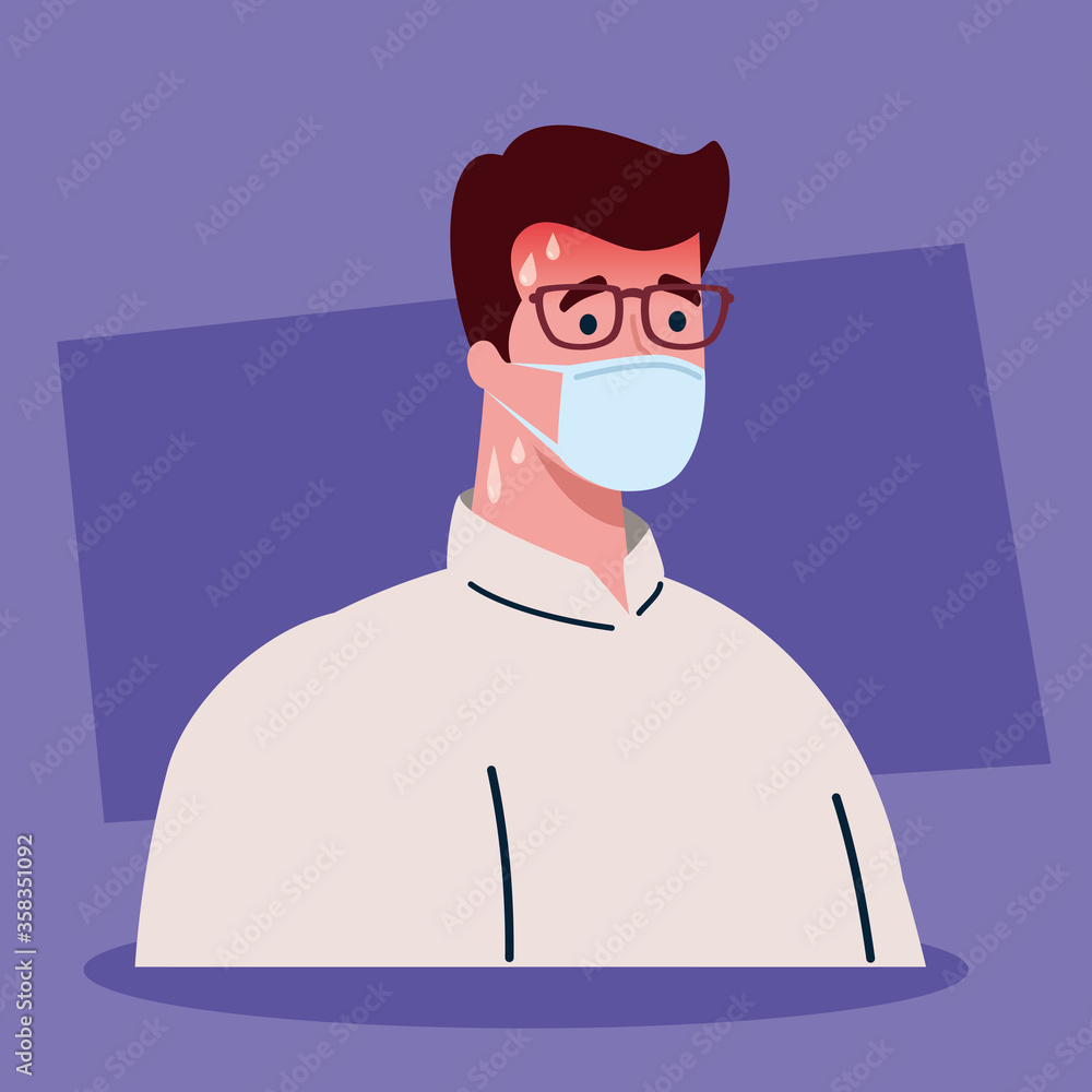 man wearing medical mask with high fever symptom of coronavirus covid 19 vector illustration design man wearing medical mask with high fever symptom of coronavirus covid 19 vector illustration design
