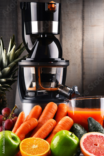 Slow juicer with organic fruits and vegetables. photo