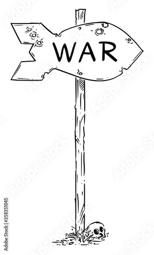 Hand drawn vector of traffic arrow sign or guidepost or signpost in shape of atomic nuclear bomb, nuclear war concept.