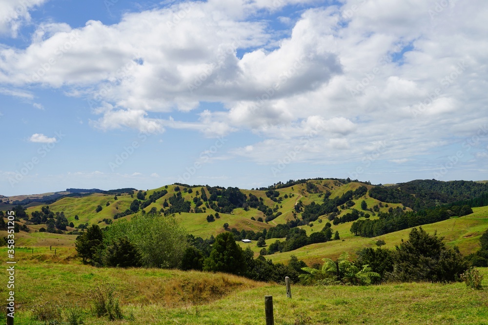 Typical New Zealand valley with green hills and a blue sky with clouds in the 