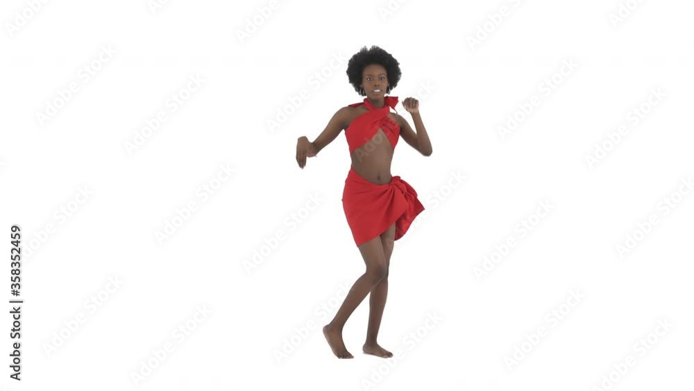 Full length shot of African woman demonstrating traditional Afro style dance. Dancer squatting down and standing up. Isolated, on white background Full length shot of African woman demonstrating traditional Afro style dance. Dancer squatting down and standing up. Isolated, on white background